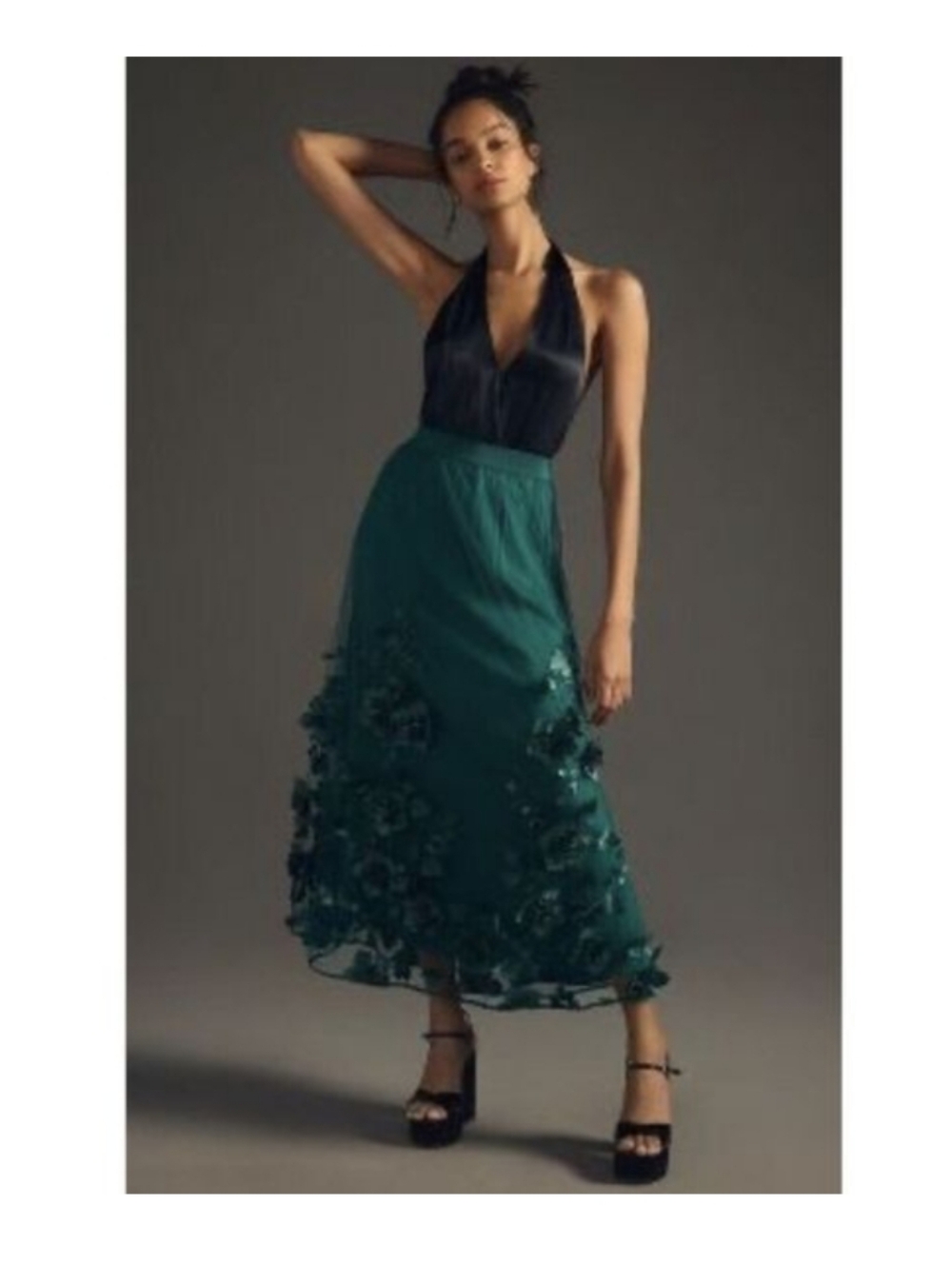 By Anthropologie Floral Appliqué Skirt Deep Green Tulle Maxi Whimsical M - Picture 9 of 9